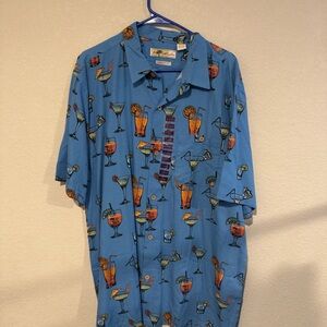 Blue Casual Button Down Shirt with Tropical Print